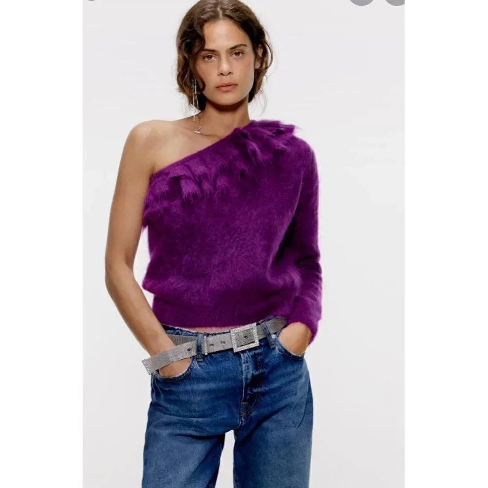Zara Womens Purple Ruffle Mohair Sweater M medium NWT